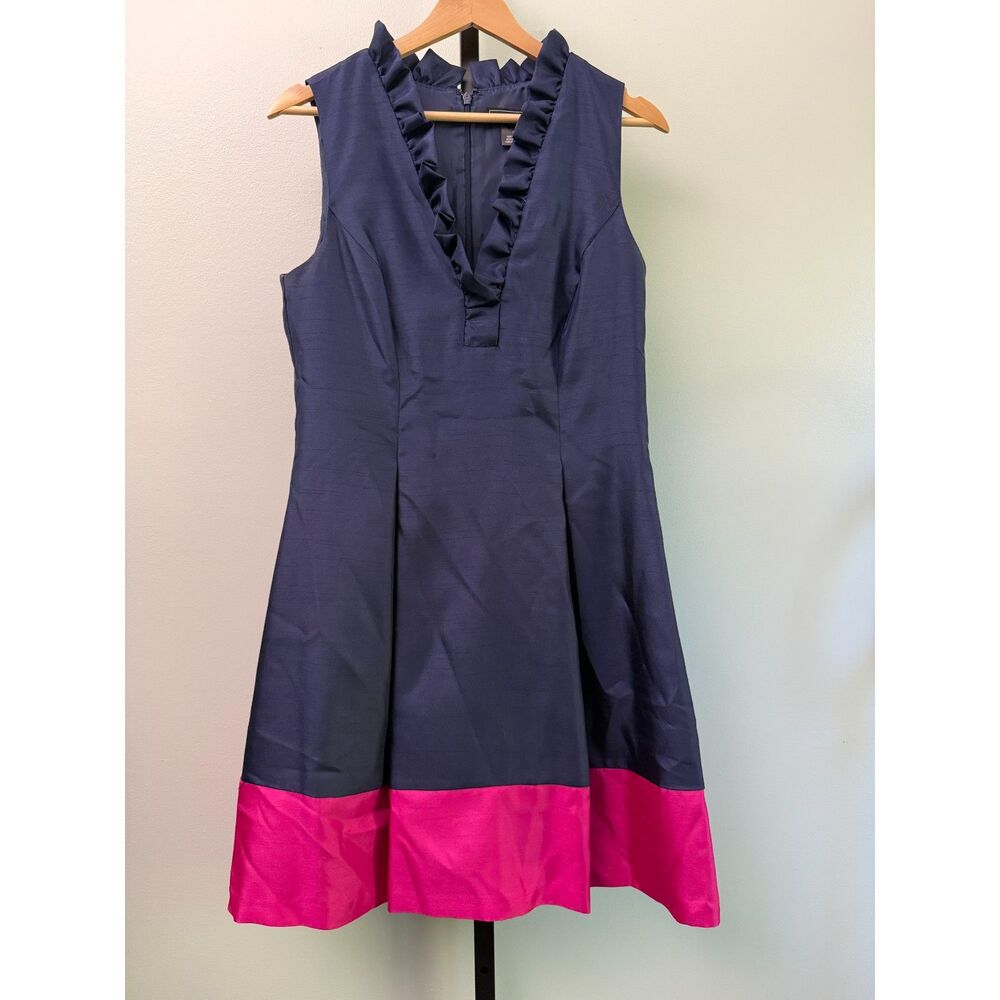 Jessica Howard Dress Womens 8 Navy Pink Colorblock Fit Flare Ruffle Cocktail